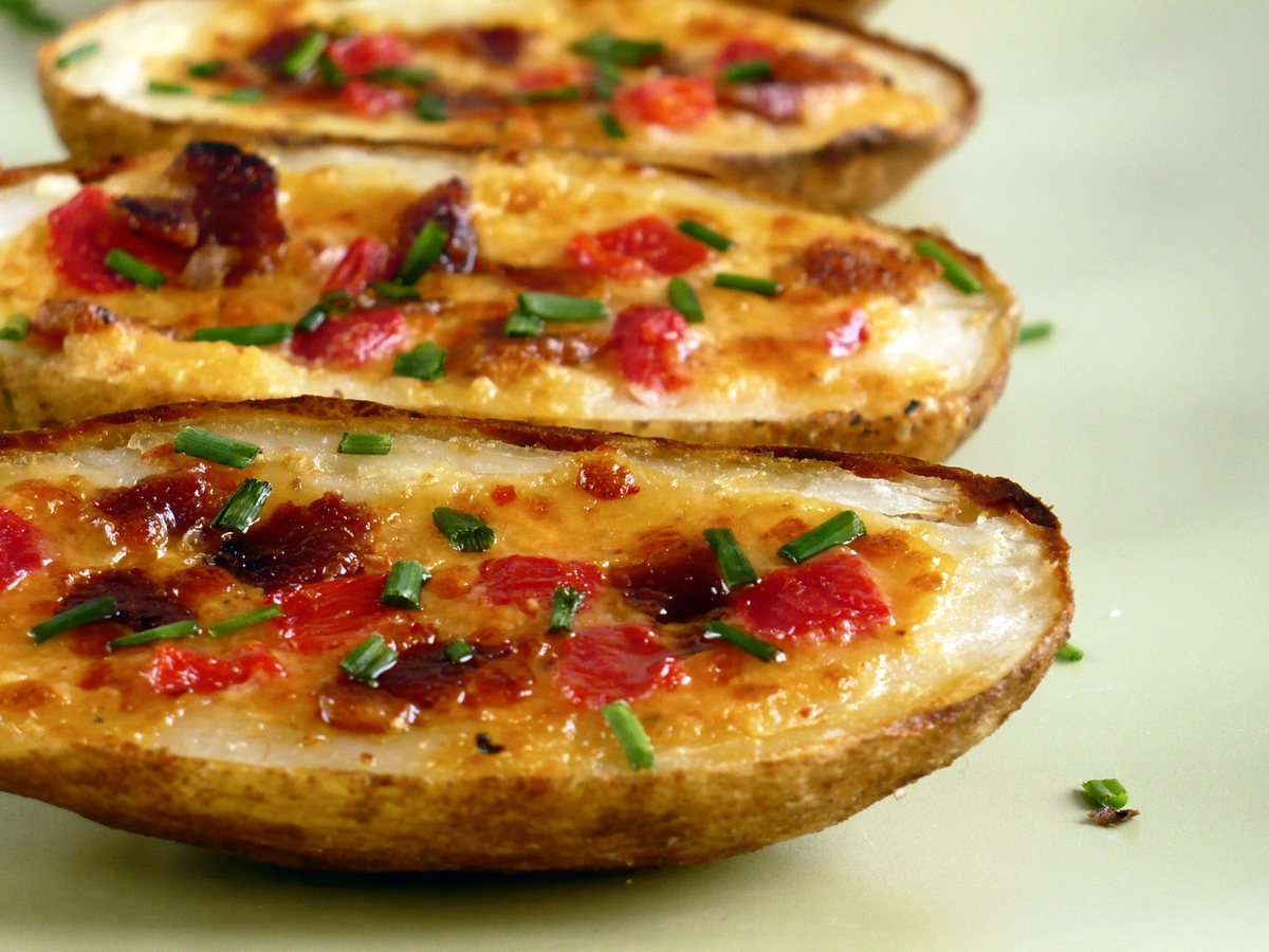 Pimento Cheese Potato Skins, baked and loaded